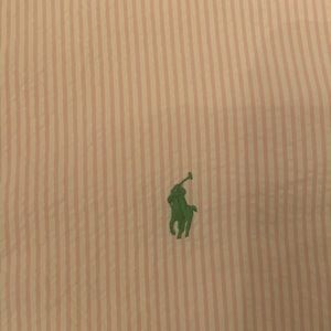 Sear sucker pink and white short sleeve Ralph Lauren Polo button down collar